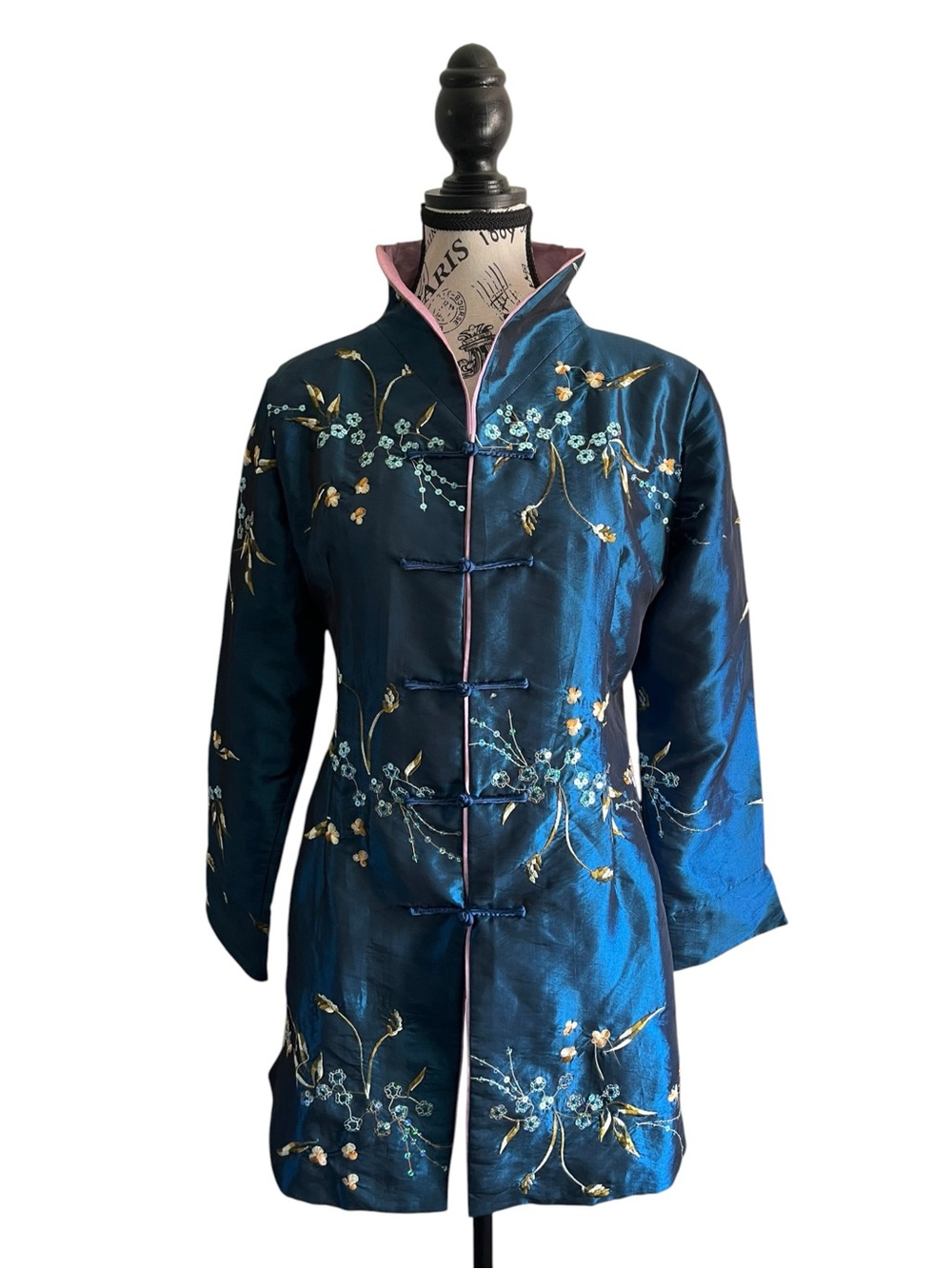 Vintage Chinese Silk Embroidered Mandarin Jacket Blue Floral Chinoiserie Qipao